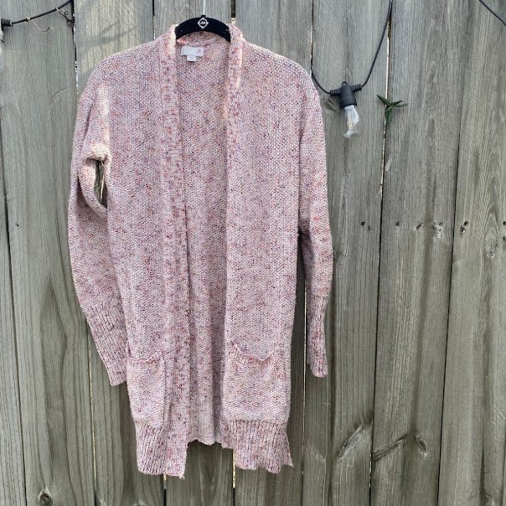 SO Women's Speckled Knit Cardigan‎ Open Front Pockets XS Pink Multi Color